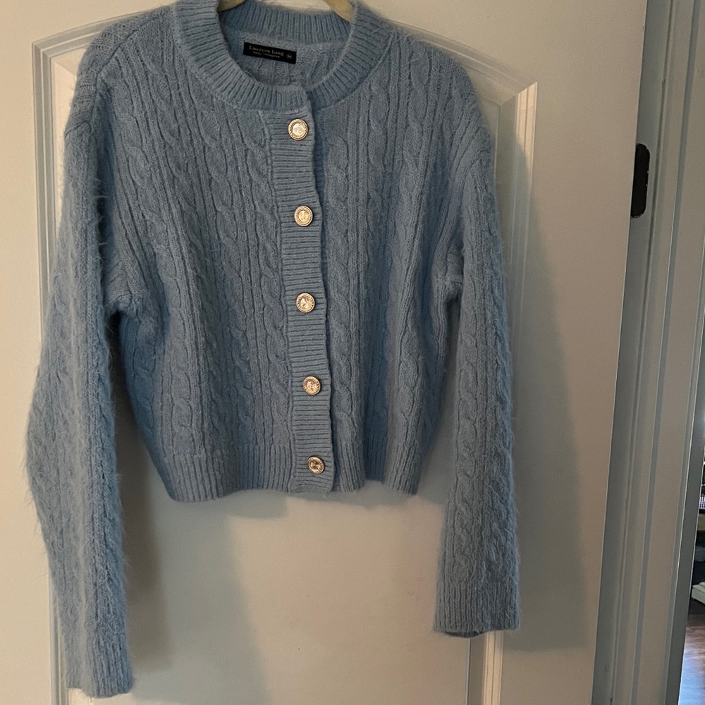 Cropped Light Blue Cable-Knit Button Cardigan - image 4